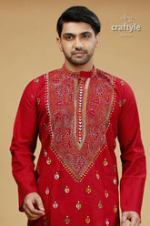 Paprika red multicolor hand kantha work cotton ethnic punjabi red embroidered kurta 2