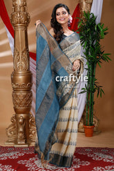 Parchment white hand block print zari border pure tussar silk saree woman patterned saree 3