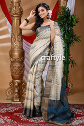 Parchment white hand block print zari border pure tussar silk saree woman cream blue saree 1