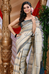 Parchment white hand block print zari border pure tussar silk saree elegant off-white saree blue accents 2