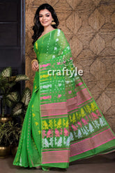Parrot green jamdani saree green sari pink yellow accents 3