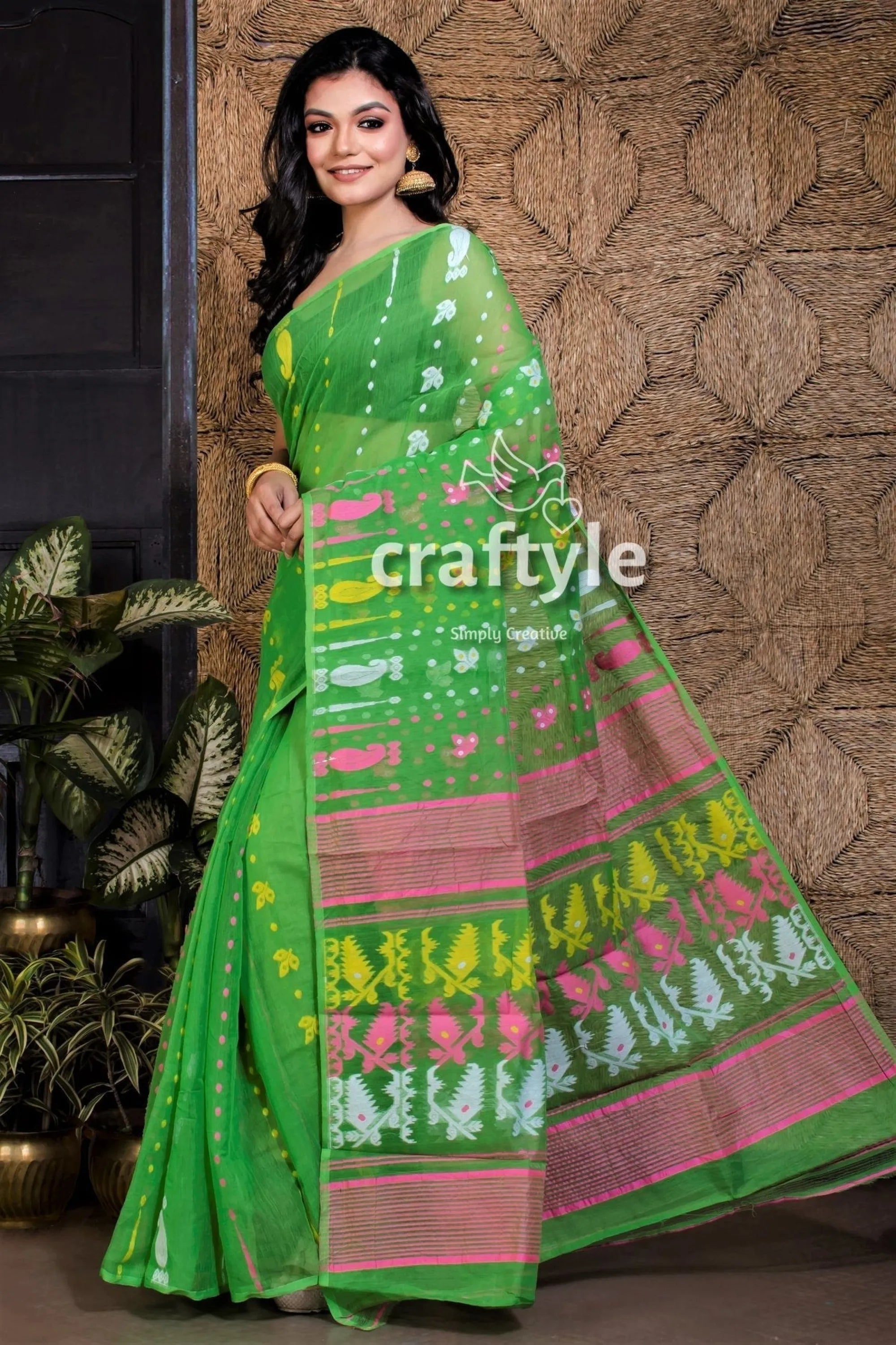 Parrot green jamdani saree sari pink yellow accents 3
