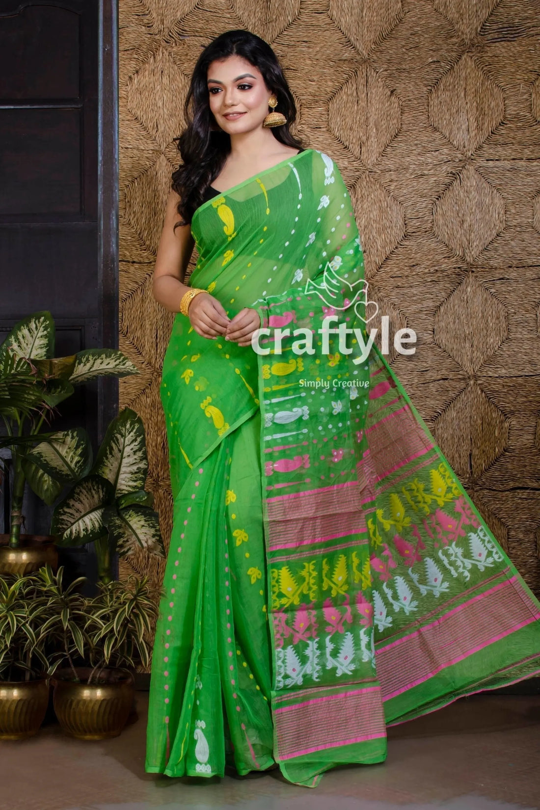 Parrot green jamdani saree pink yellow accents 2