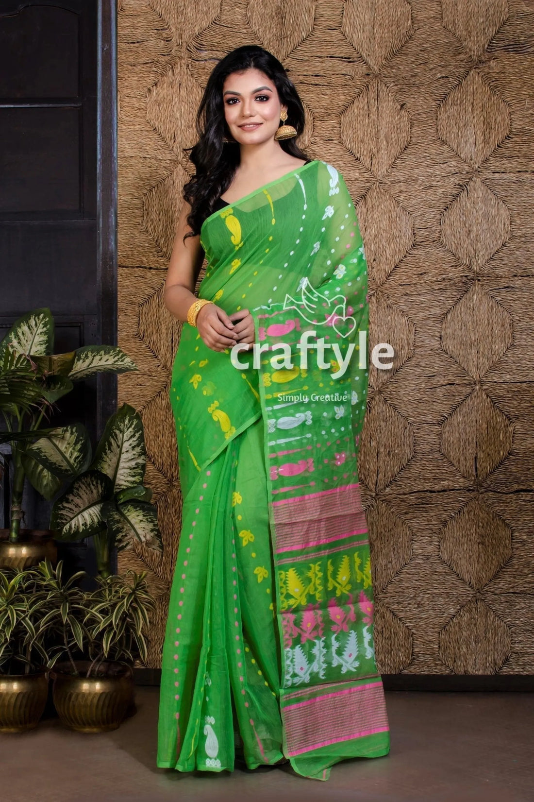 Parrot green jamdani saree cotton pink border 1