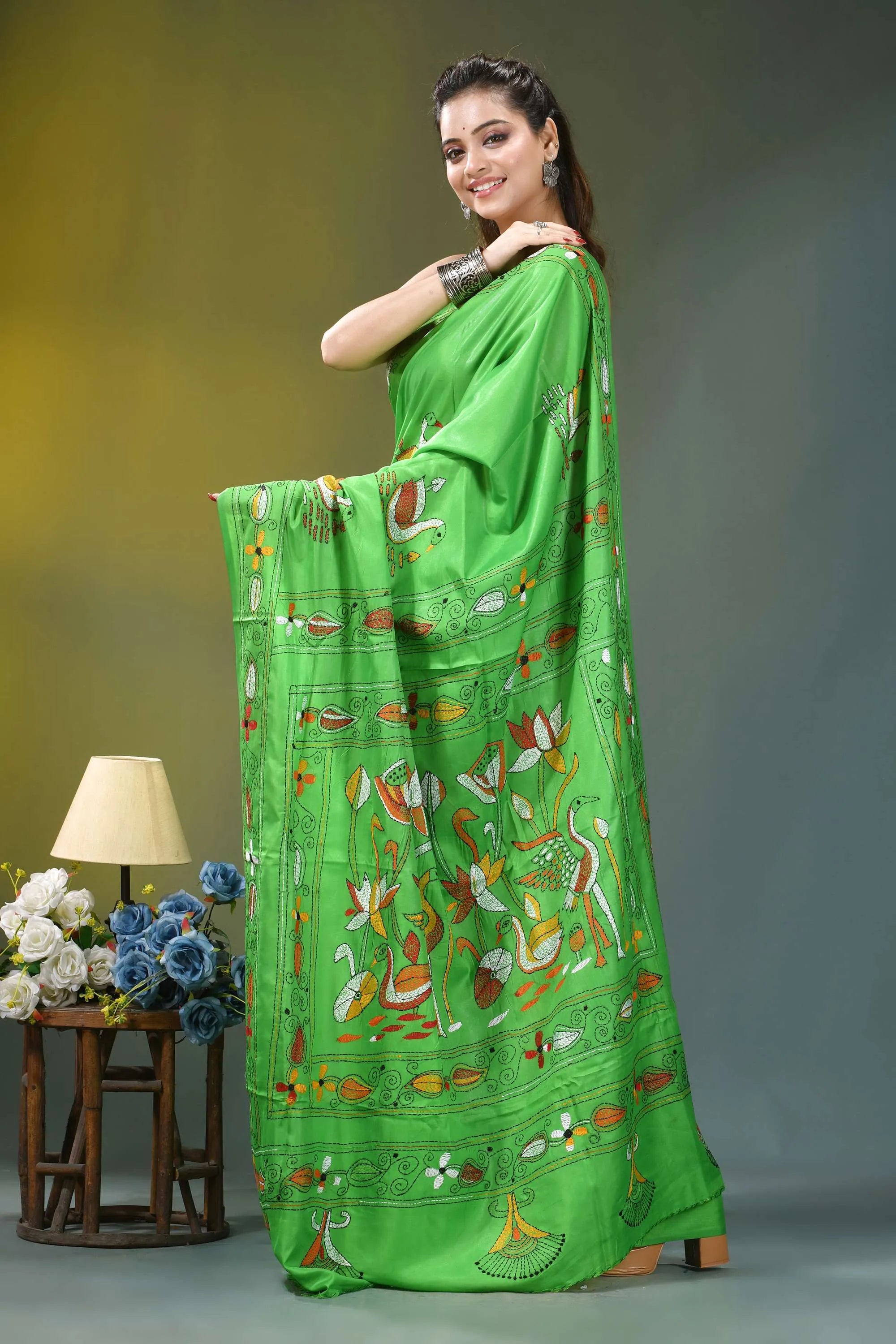 Parrot green nature theme kantha silk saree vibrant green silk saree adorned 3