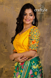 Parsi work embroidered pure cotton blouse yellow floral-sleeved blouse 2