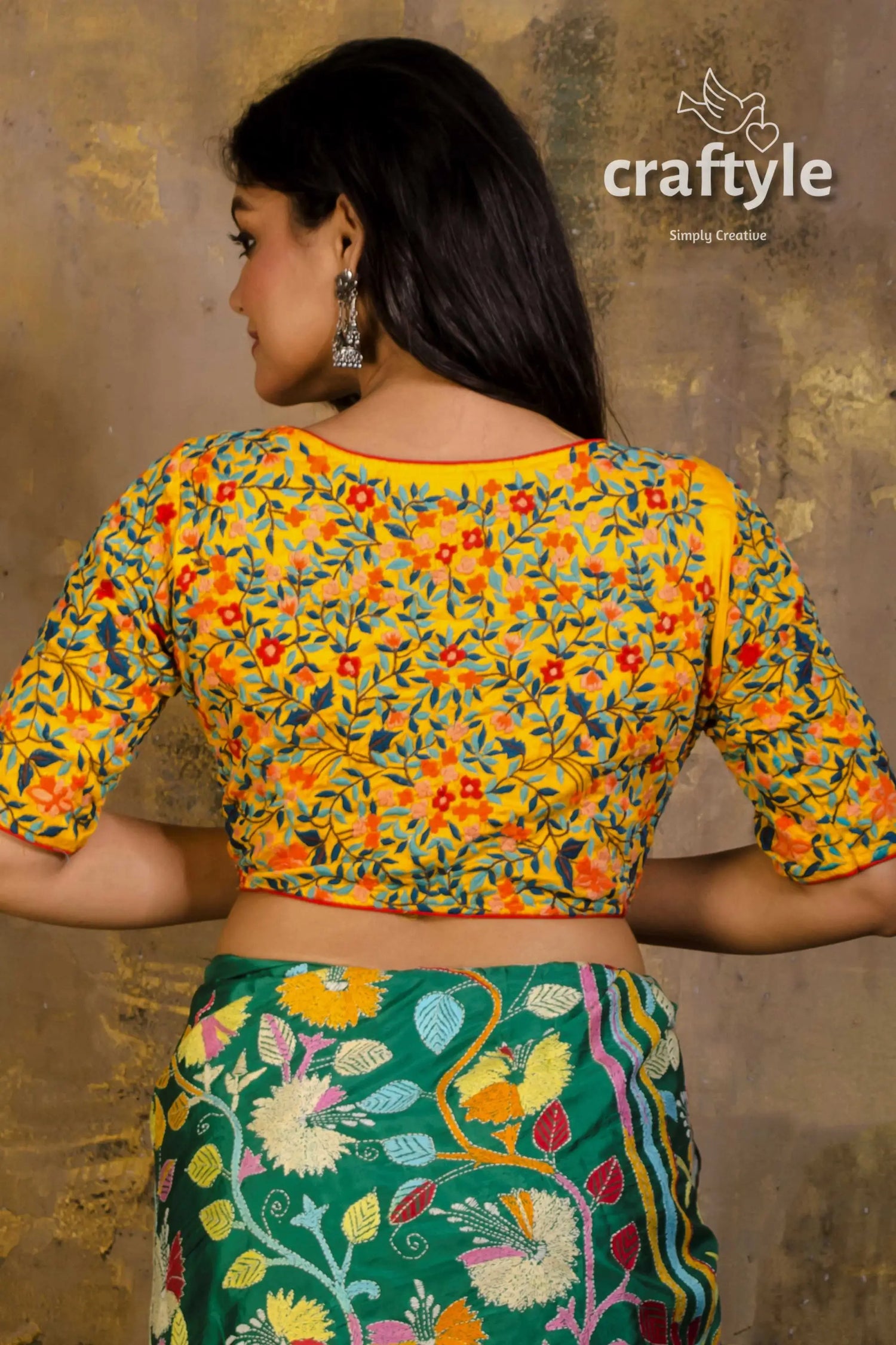 Parsi work embroidered pure cotton blouse floral embroidered yellow blouse 3