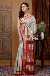 Pastel grey zari border bomkai saree - elegant indian silk sari elegant gray saree red gold 3