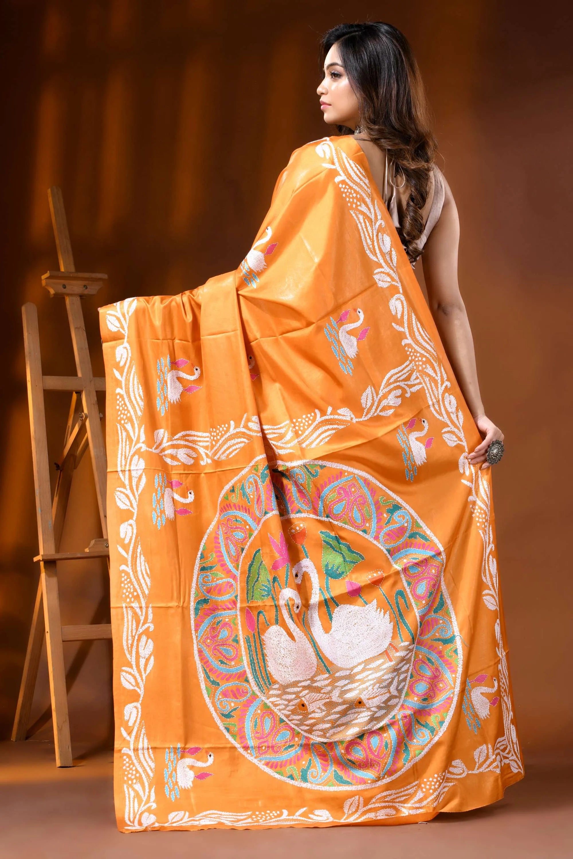 Pastel orange silk kantha stitch saree hand embroidered swan motif 5