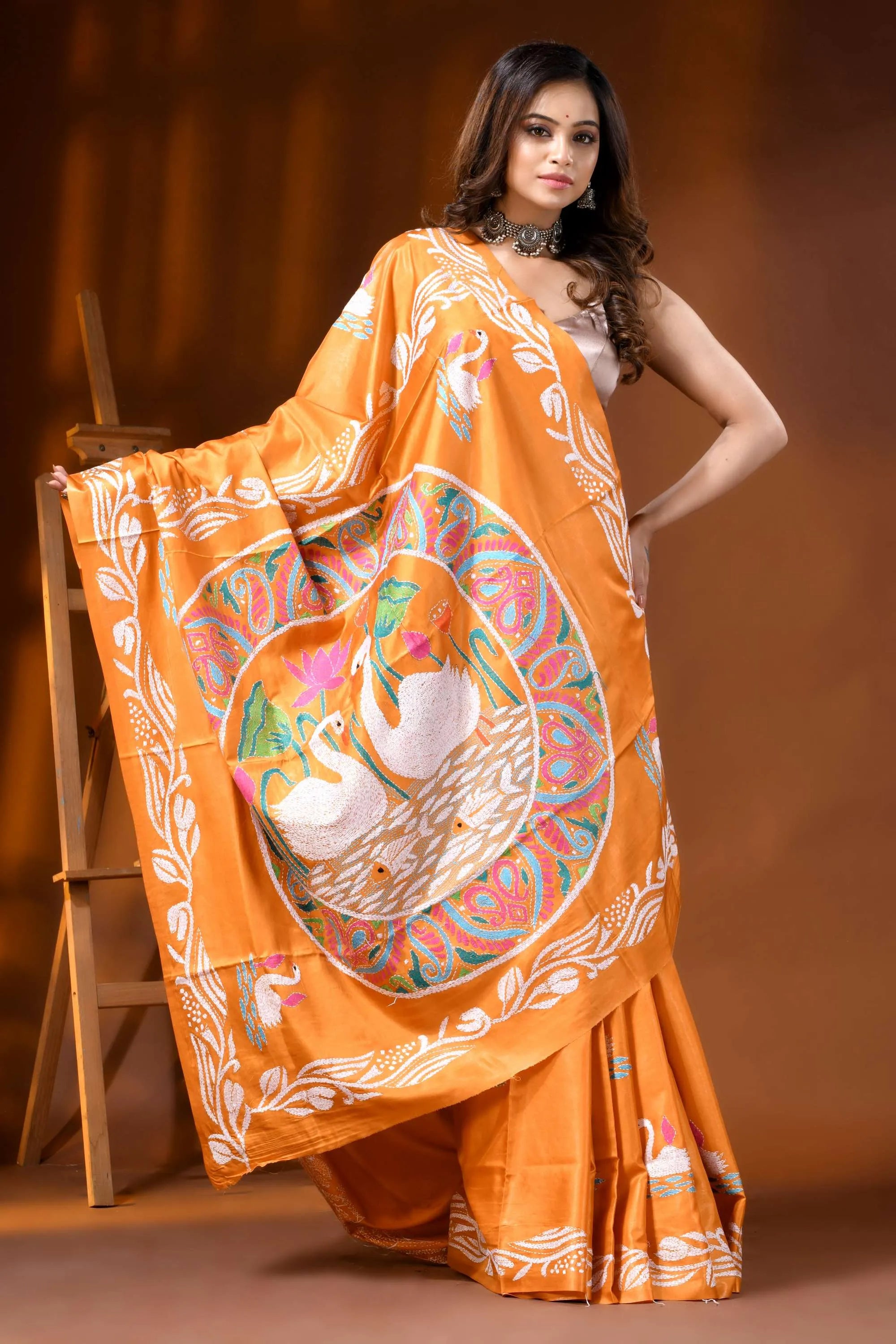Pastel orange silk kantha stitch saree hand embroidered swan motif 6