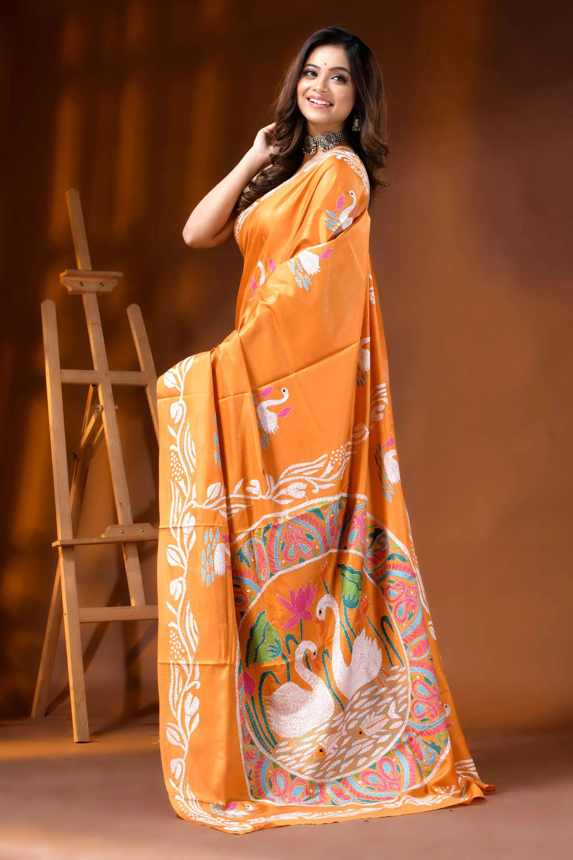 Pastel orange silk kantha stitch saree hand embroidered swan motif 3