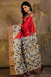 Pastel red and grey hand painted pure tussar kalamkari saree with zari border red patterned saree 3