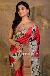 Pastel red and grey hand painted pure tussar kalamkari saree with zari border red brown floral saree 2