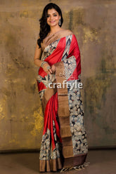 Pastel red and grey hand painted pure tussar kalamkari saree with zari border red patterned saree 4