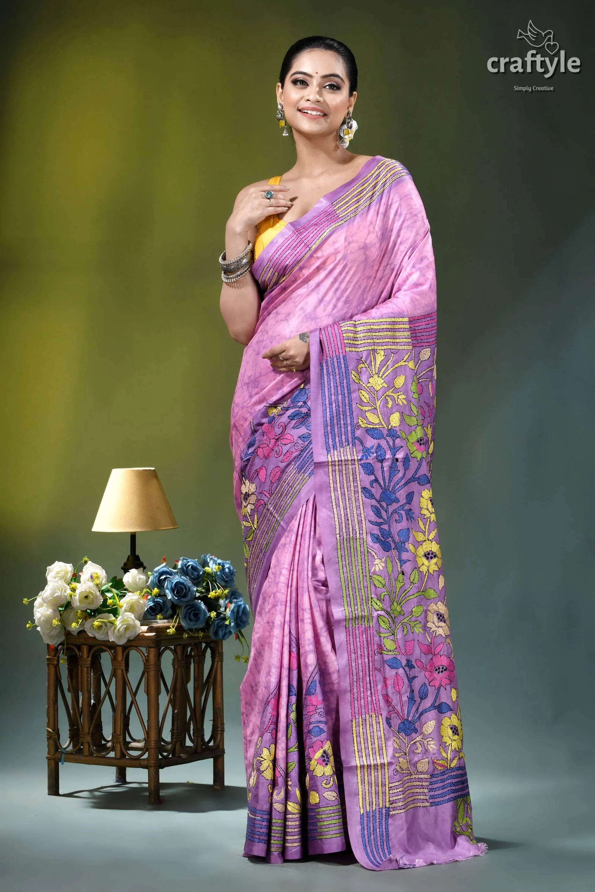 Pastel violet floral design hand batik silk kantha stitch saree vibrant pink purple floral-patterned saree 7