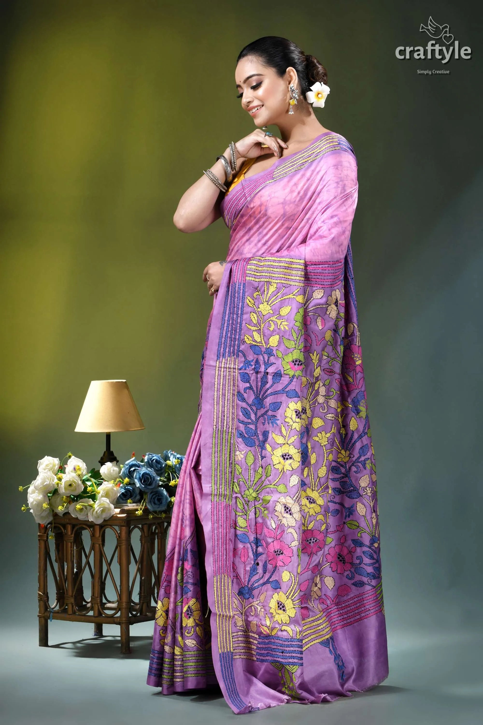 Pastel violet floral design hand batik silk kantha stitch saree woman wears vibrant pink purple 3