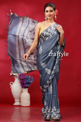 Paynes gray modal silk saree - modern and stylish gray saree white leaf patterns 4
