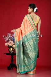 Peach and green zari border bomkai silk saree peach green silk saree 5