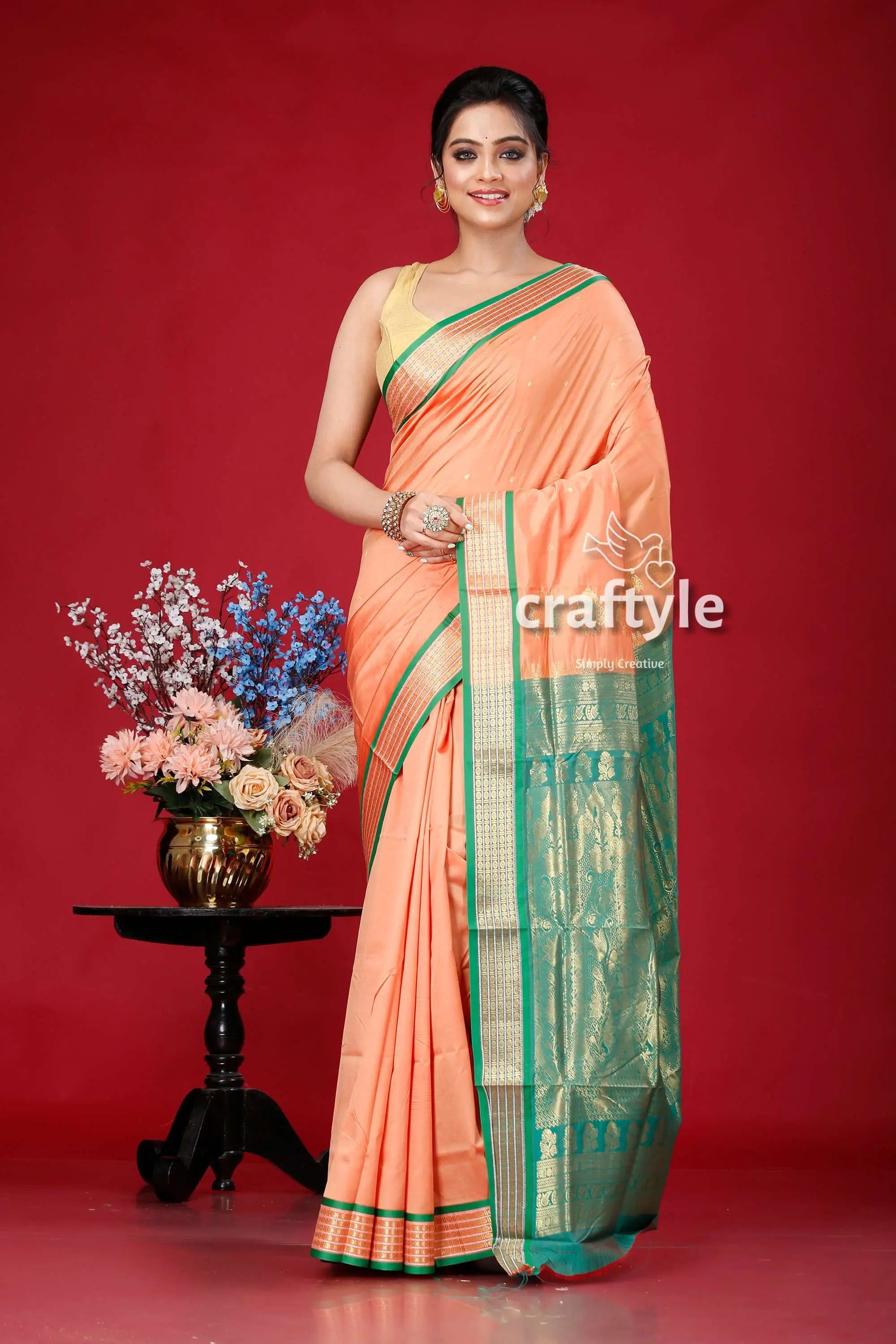 Peach and green zari border bomkai silk saree peach saree green border 1