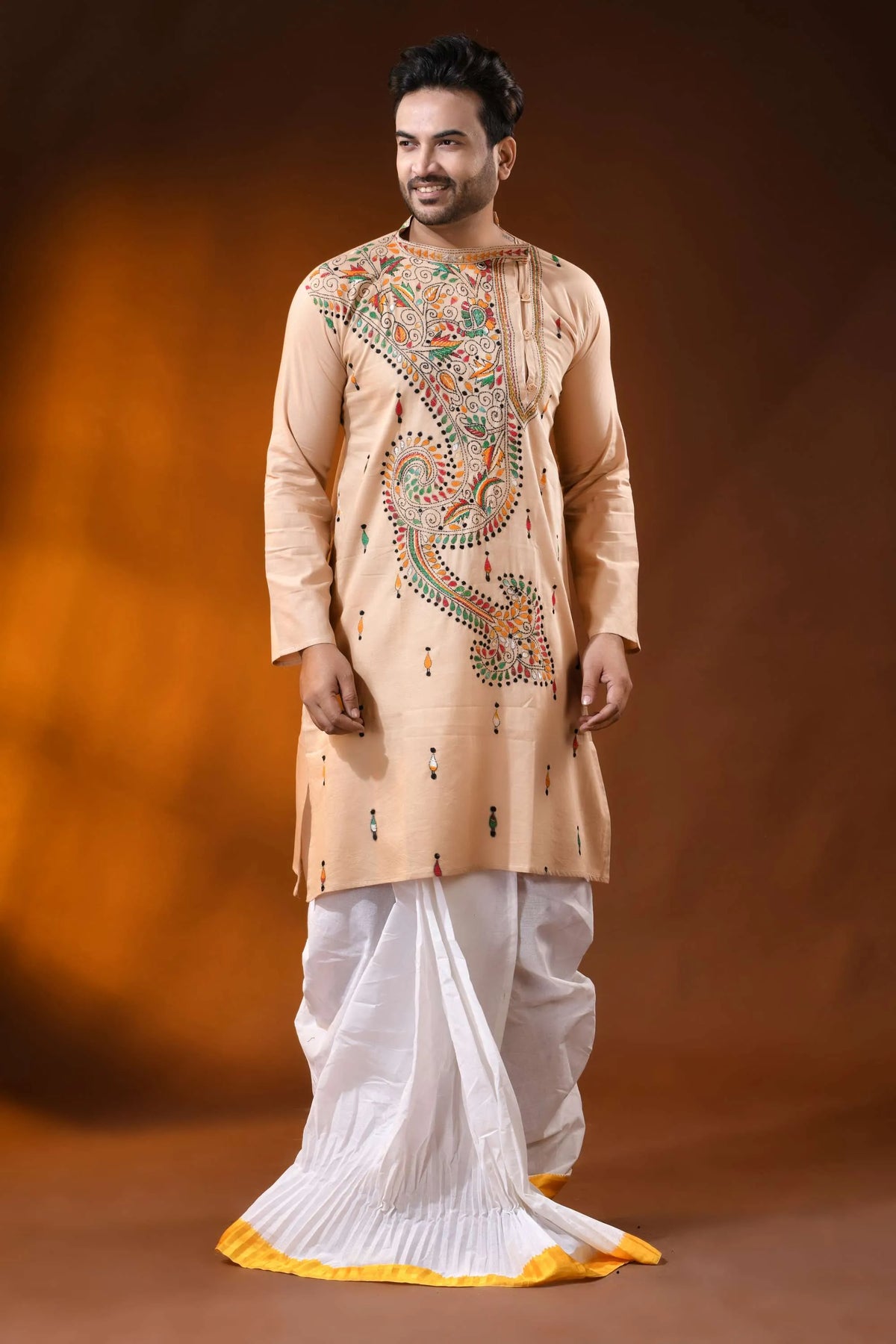 Peach multicolor paisley kantha embroidered pure cotton kurta for men 6