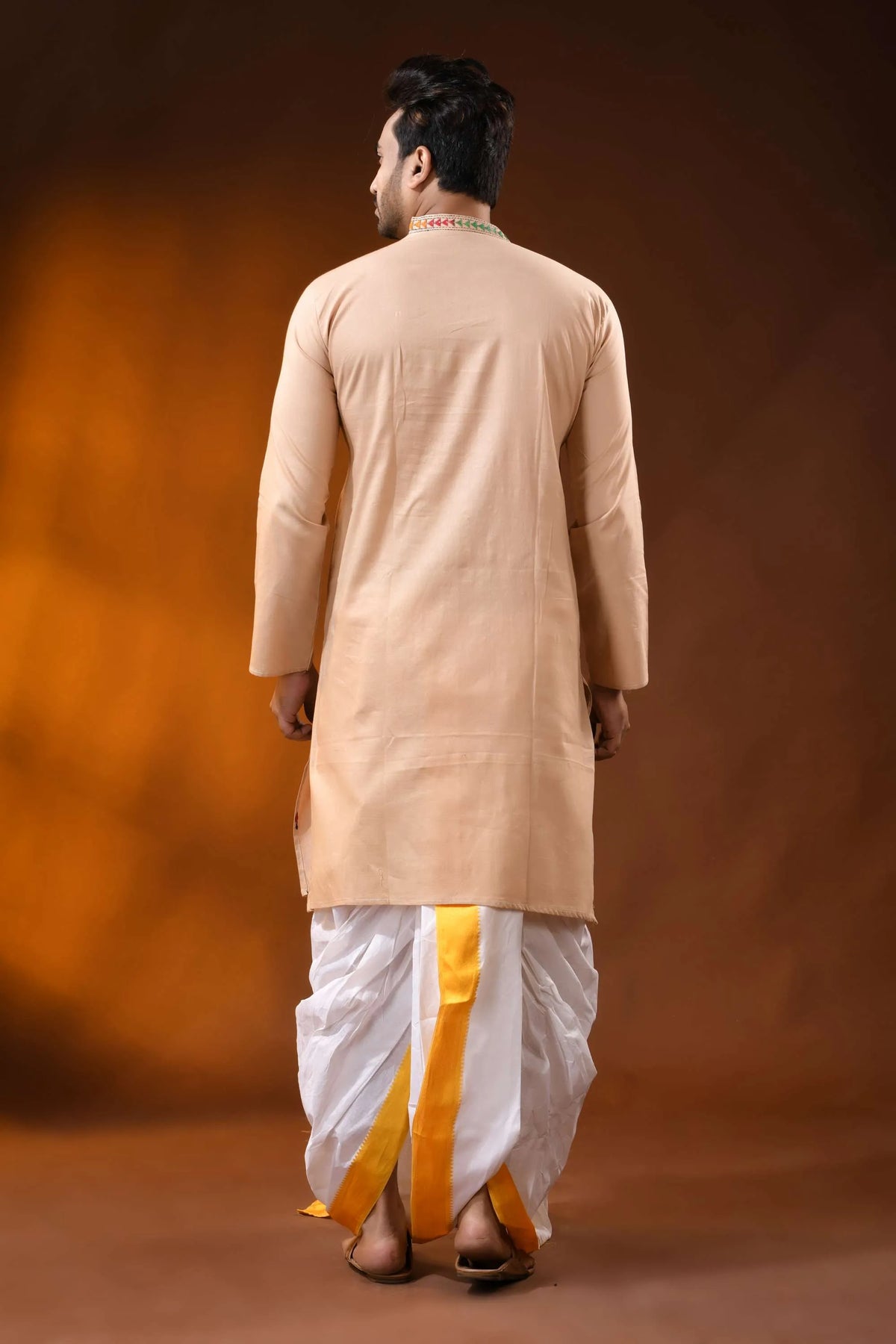 Peach multicolor paisley kantha embroidered pure cotton kurta for men 5