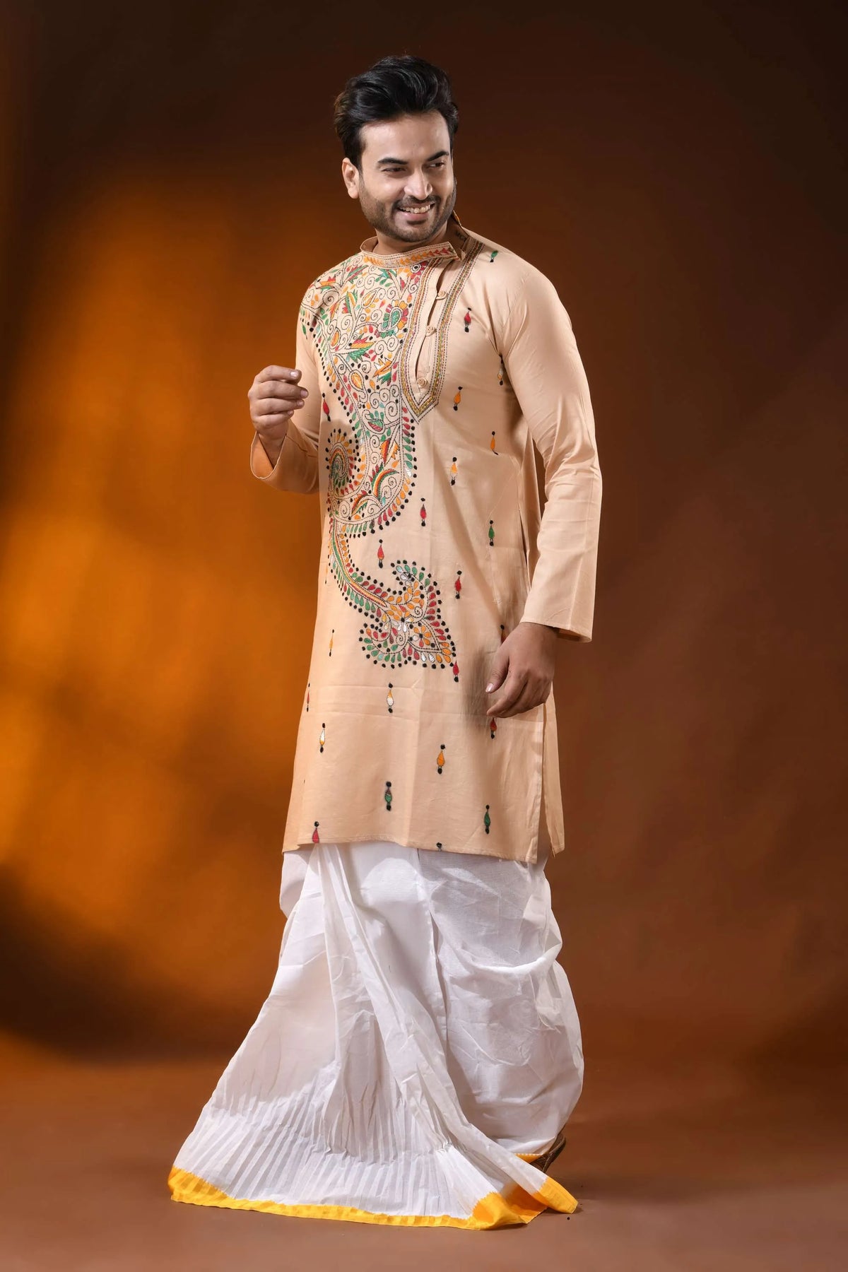 Peach multicolor paisley kantha embroidered pure cotton kurta for men 4