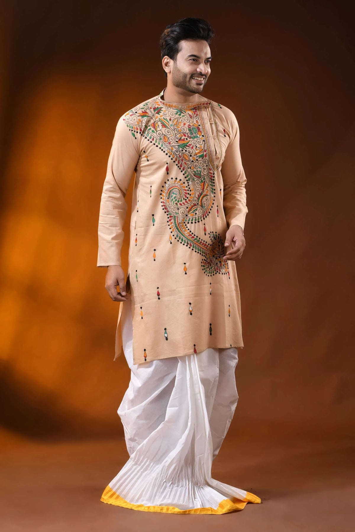 Peach multicolor paisley kantha embroidered pure cotton kurta for men 3