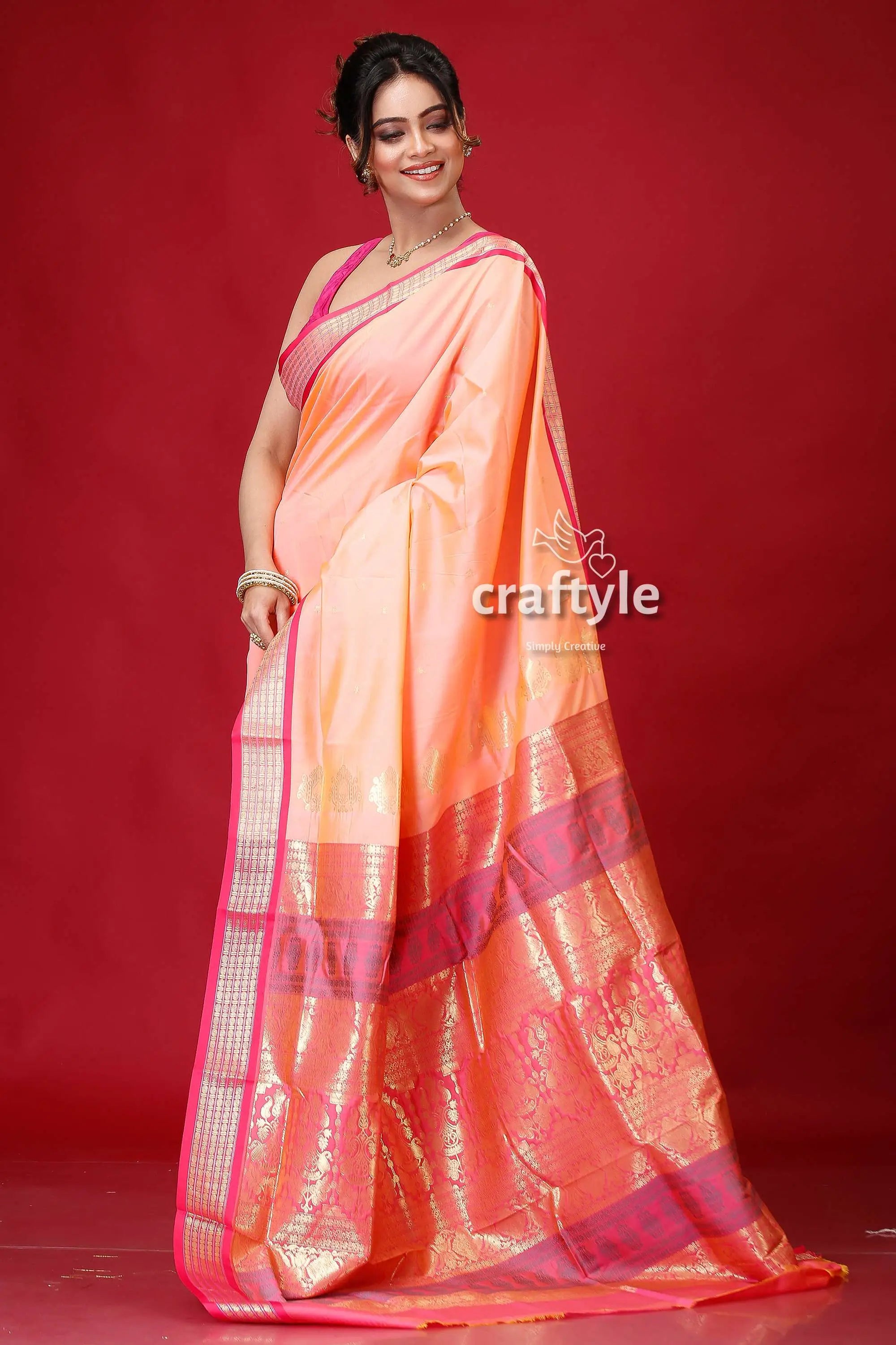 Peach pink zari border bomkai silk saree peach saree pink gold border 4