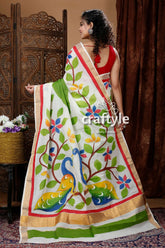 Peacock design hand painted kerala cotton saree white saree peacock floral design 2