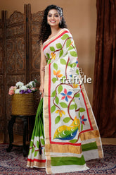 Peacock design hand painted kerala cotton saree woman white green hand-painted saree 4