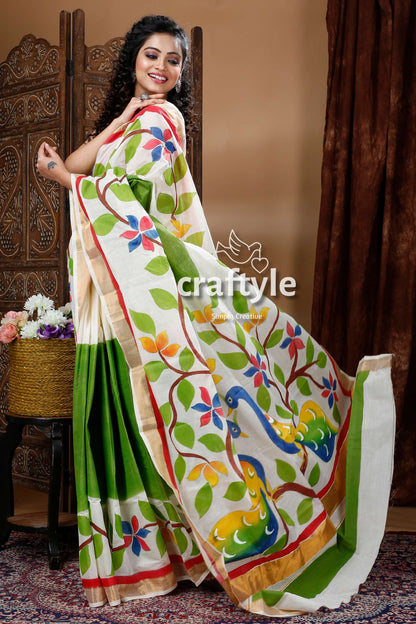 Peacock Design Hand Painted Kerala Cotton Saree-Craftyle