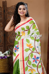 Peacock design hand painted kerala cotton saree white saree floral leaf pattern 3