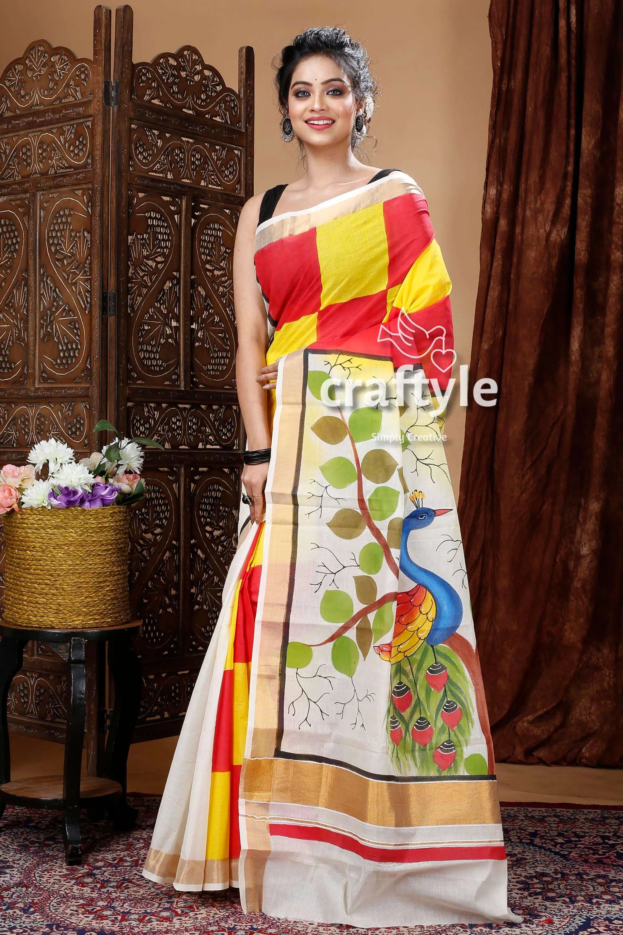 Peacock motif hand painted multicolor kerala cotton saree woman colorful saree peacock design 5