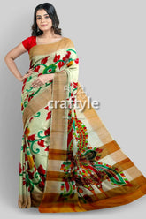 Peacock motif kalamkari saree - hand painted pure tussar silk with zari border woman floral peacock-patterned saree 1