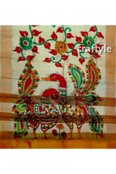 Peacock motif kalamkari saree - hand painted pure tussar silk with zari border hand-painted fabric bird floral designs 5