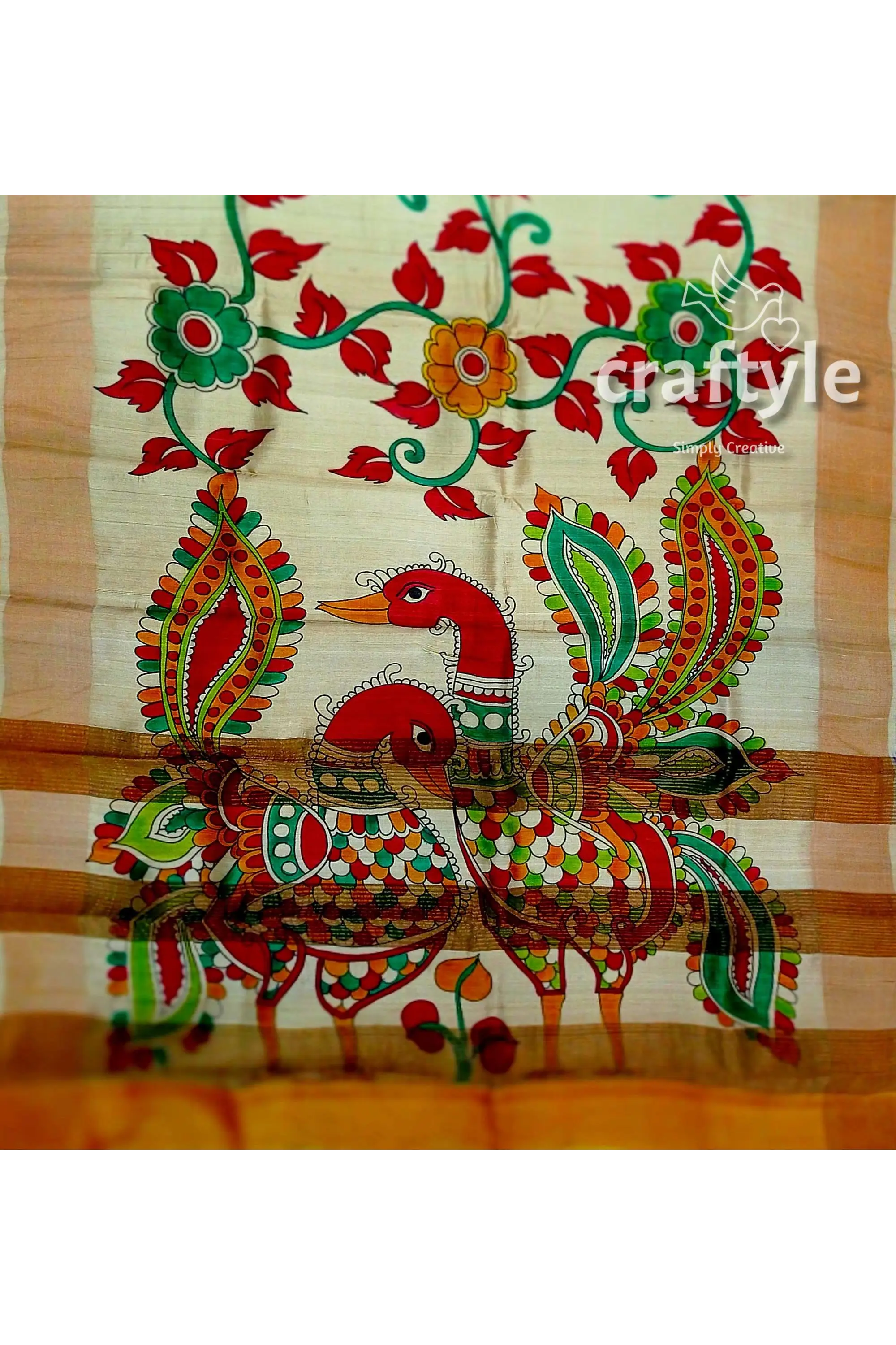 Peacock motif kalamkari saree - hand painted pure tussar silk with zari border hand-painted fabric bird floral designs 5