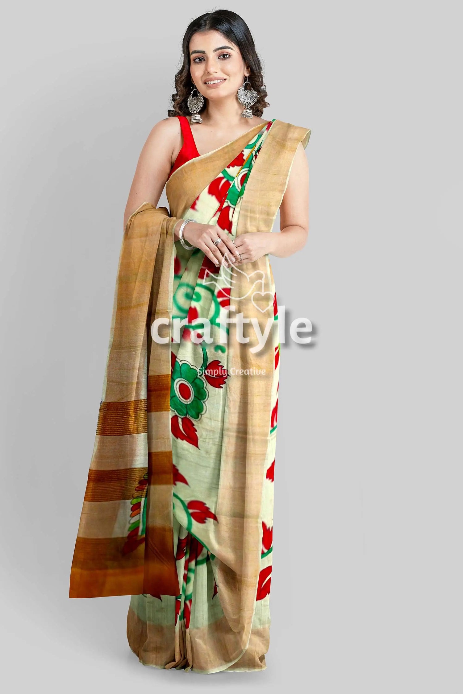 Peacock motif kalamkari saree - hand painted pure tussar silk with zari border floral-patterned saree golden border 3