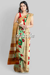 Peacock motif kalamkari saree - hand painted pure tussar silk with zari border floral-patterned saree golden border 3