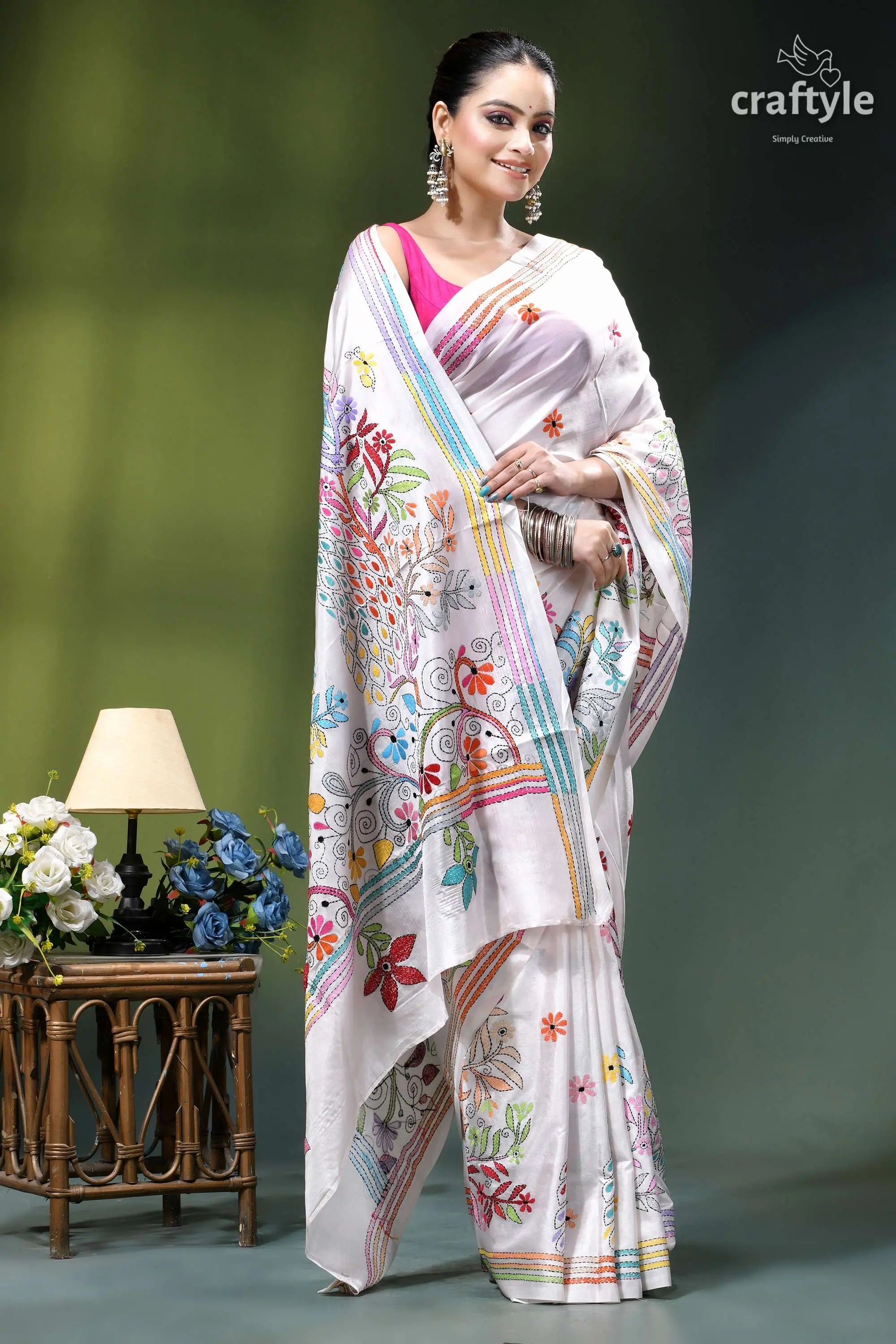 Peacock motif multicolor thread silk kantha saree in white woman wears white saree colorful 3