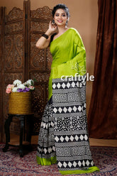 Pear green hand block design pure mulberry silk saree green black patterned saree 4