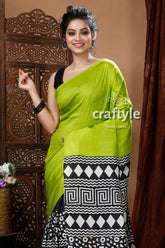 Pear green hand block design pure mulberry silk saree green black patterned saree 3