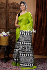 Pear green hand block design pure mulberry silk saree green black patterned saree 1