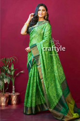 Pear green hand block printed zari pure tussar silk saree green patterned saree 3