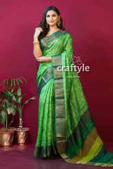 Pear green hand block printed zari pure tussar silk saree green patterned saree 1