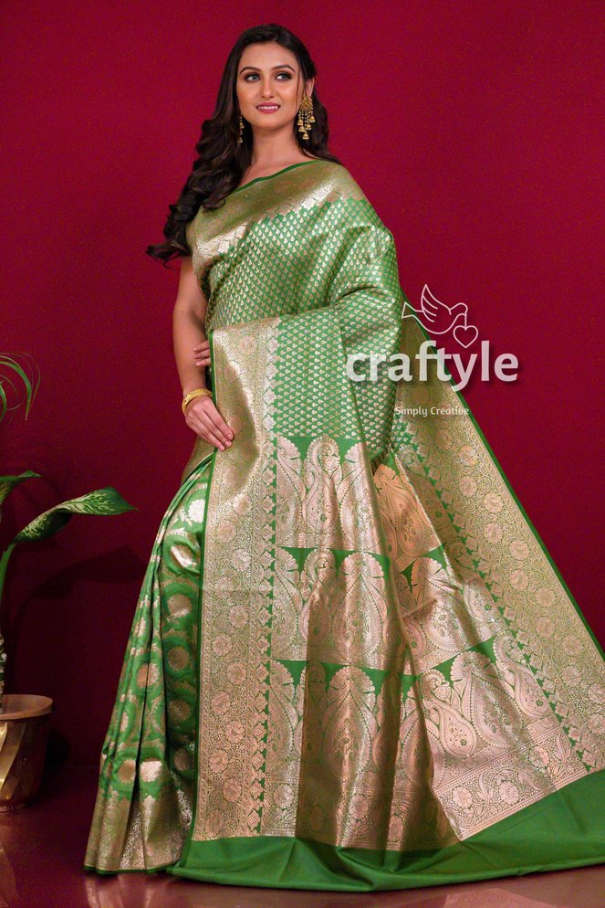 Pear Green Satin Banarasi Silk Saree with Blouse Piece - Craftyle