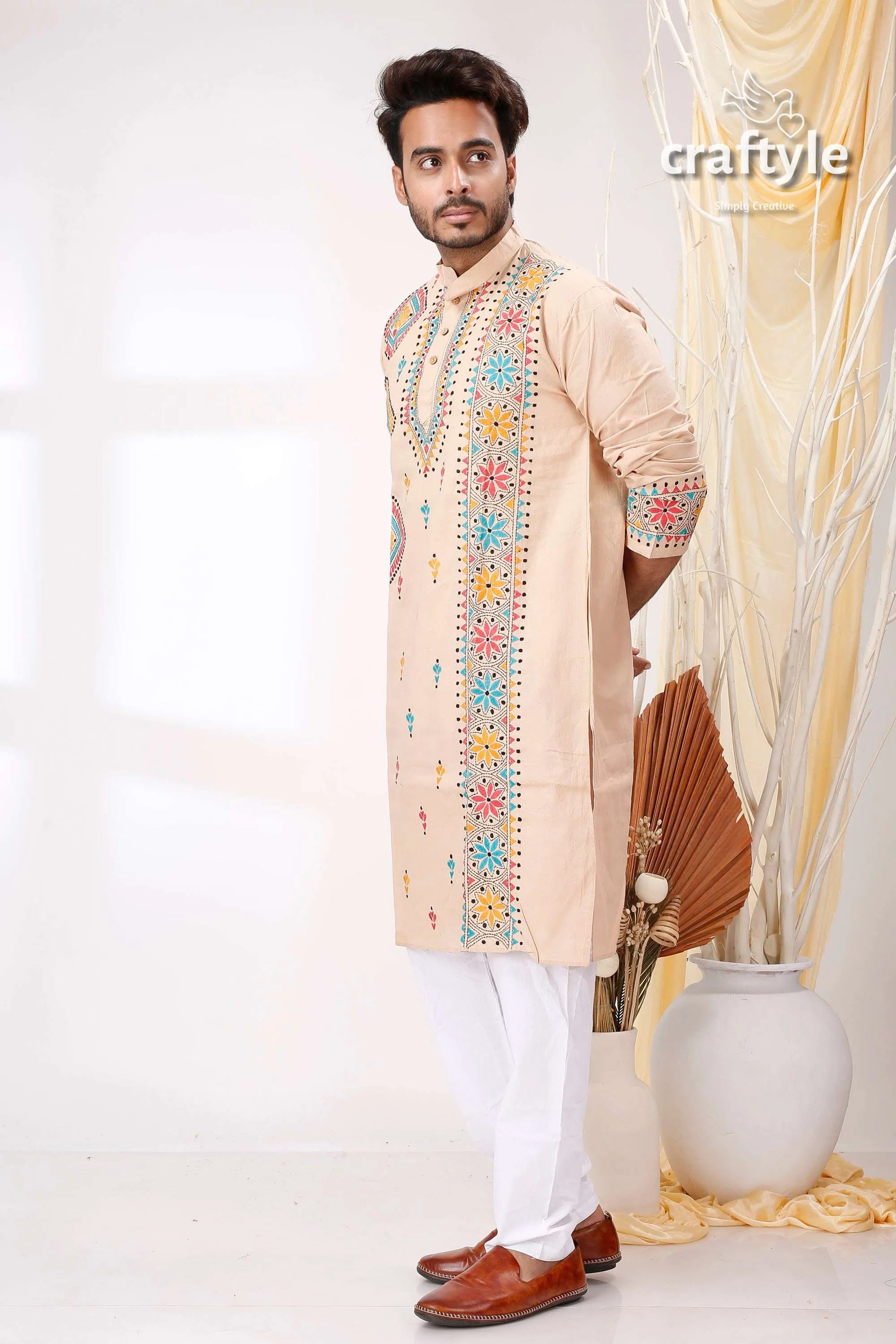 Pearl bush multithread design kantha work cotton kurta for men beige embroidered colorful floral 3