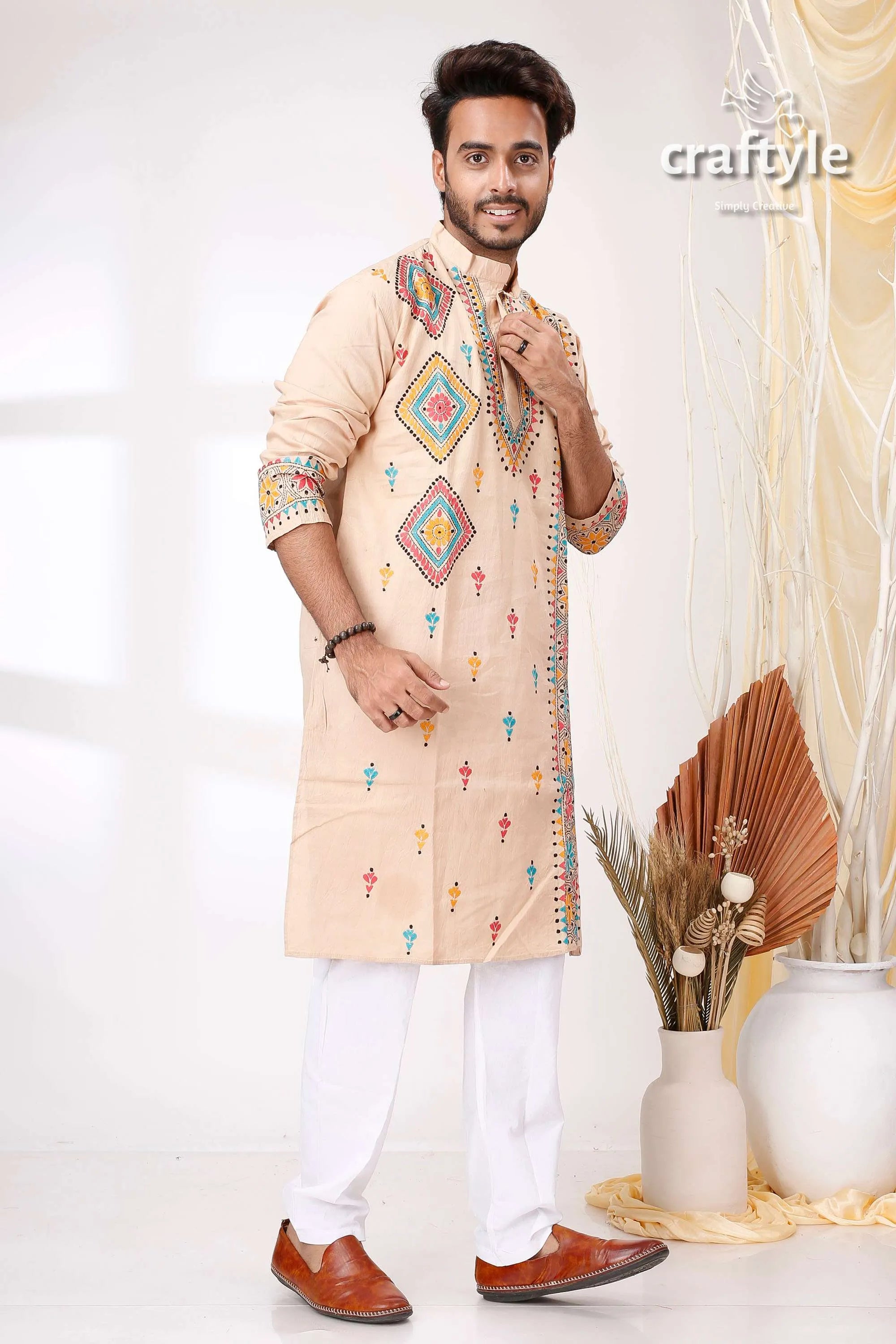 Pearl bush multithread design kantha work cotton kurta for men beige embroidered colorful geometric 4