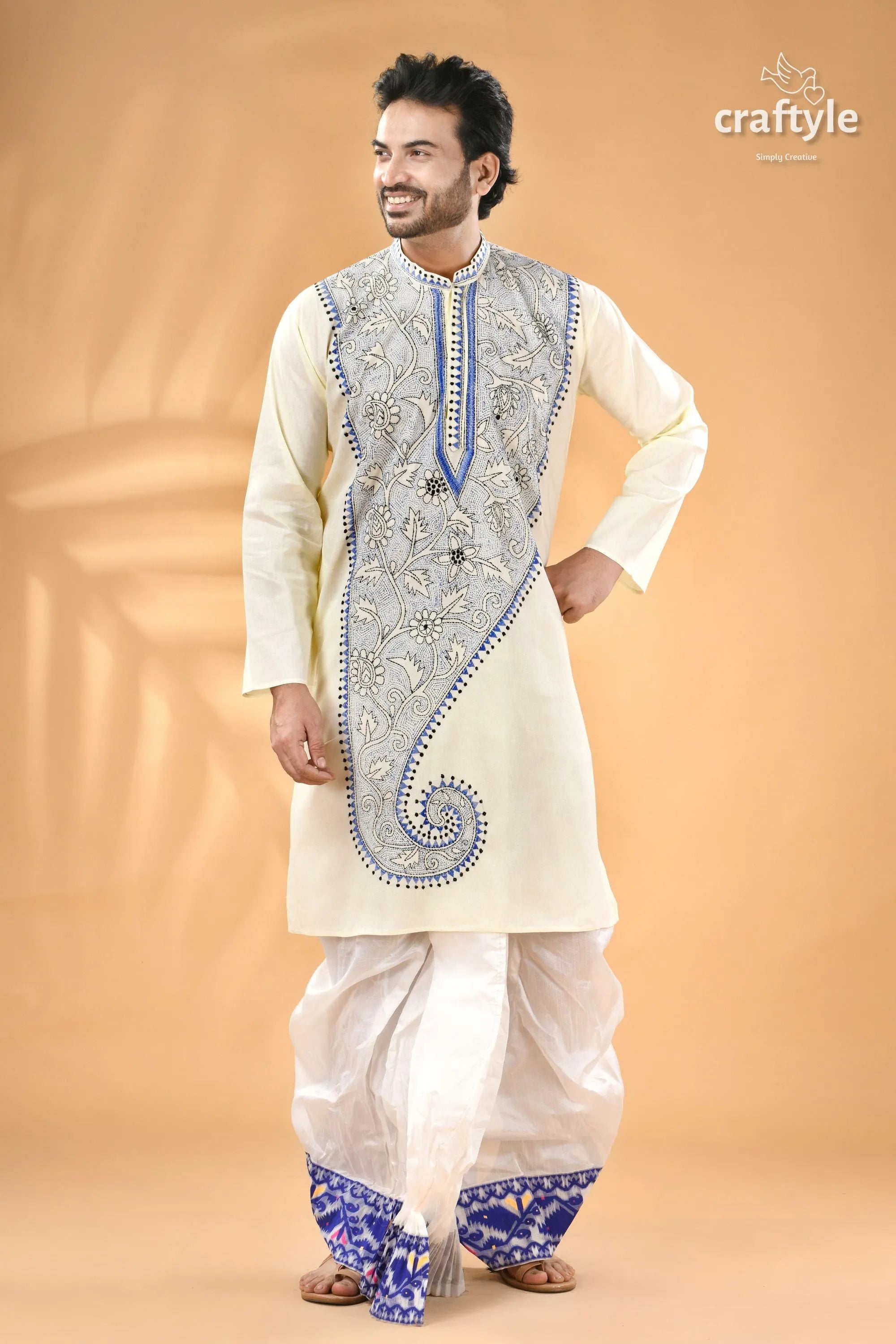 Pearl white and blue kantha work cotton men’s kurta - reverse stitch off-white black 6