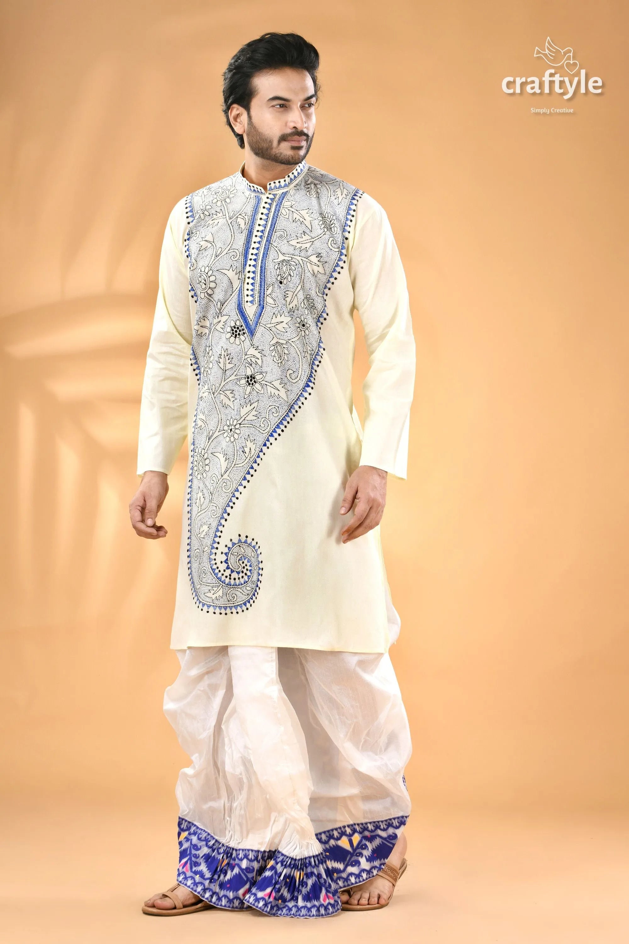Pearl white and blue kantha work cotton men’s kurta - reverse stitch cream-colored intricate 4