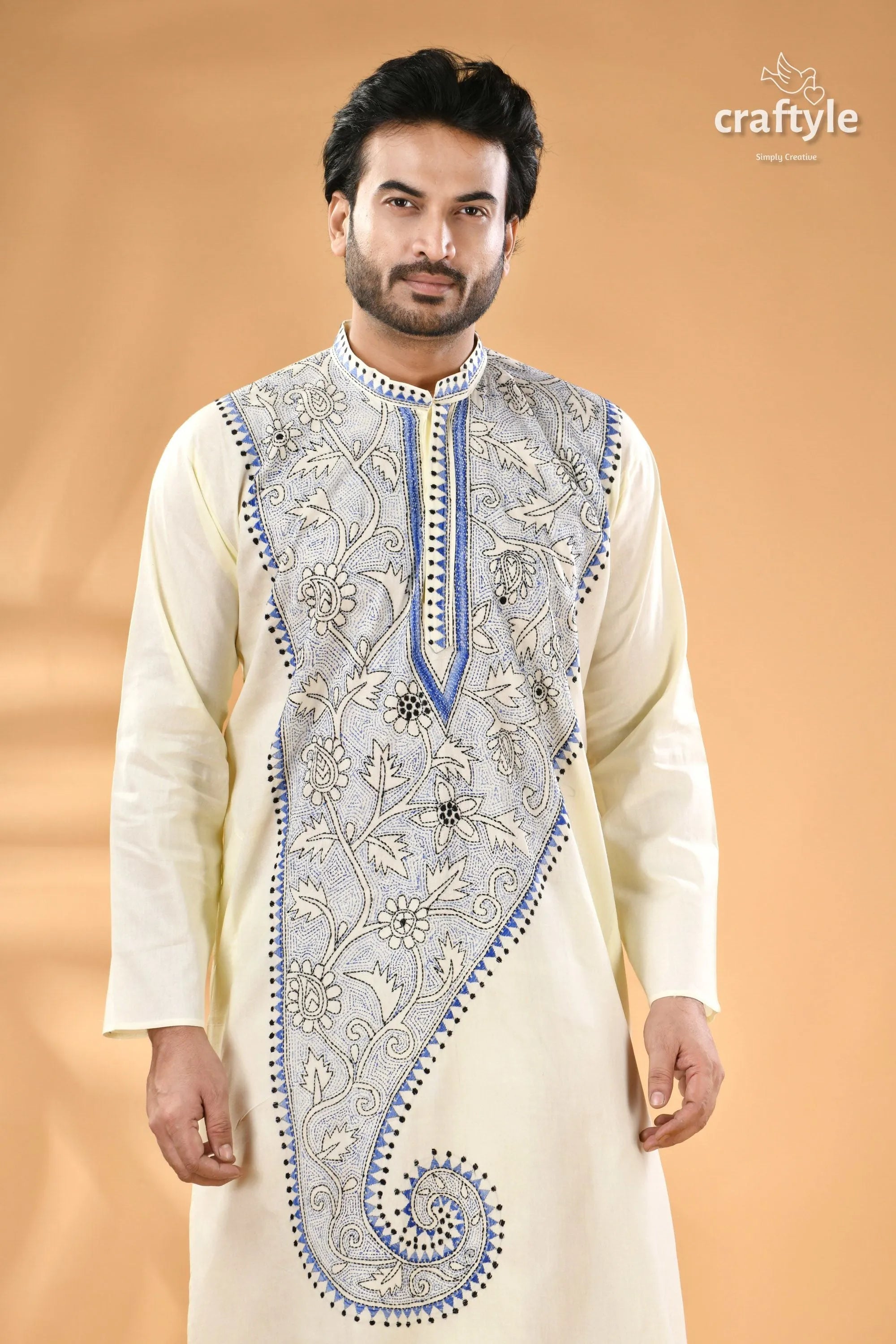 Pearl white and blue kantha work cotton men’s kurta - reverse stitch cream-colored black 2